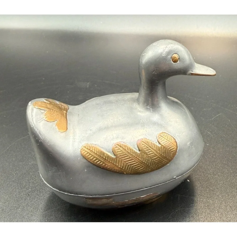 Antique Vintage Chinese Pewter Brass Duck Form Covered Box Trinket
